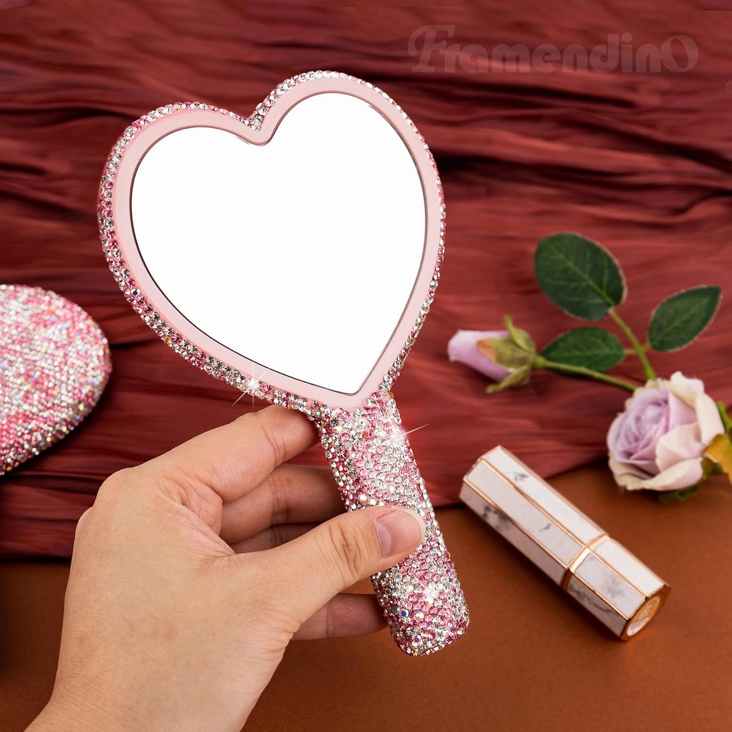Framendino, 2 Pack Rhinestone Handheld Mirror Heart Bling Glitter Cosmetic Dazzling Portable Hand Mirrors with Handle for Women Pink