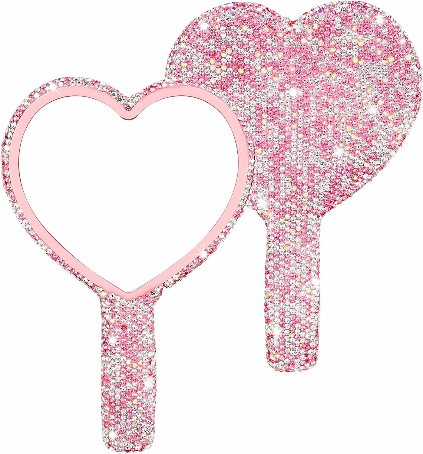 Framendino, 2 Pack Rhinestone Handheld Mirror Heart Bling Glitter Cosmetic Dazzling Portable Hand Mirrors with Handle for Women Pink