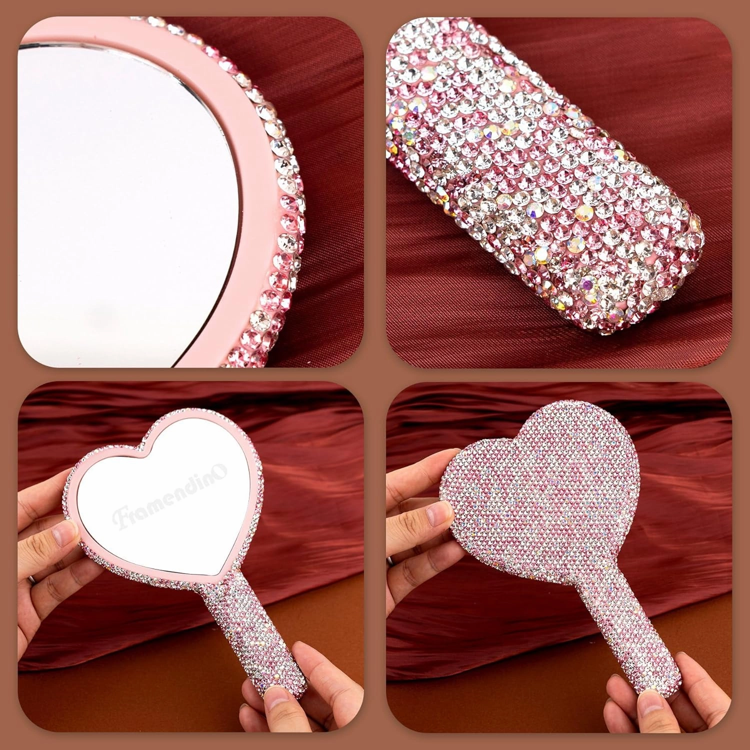 Framendino, 2 Pack Rhinestone Handheld Mirror Heart Bling Glitter Cosmetic Dazzling Portable Hand Mirrors with Handle for Women Pink