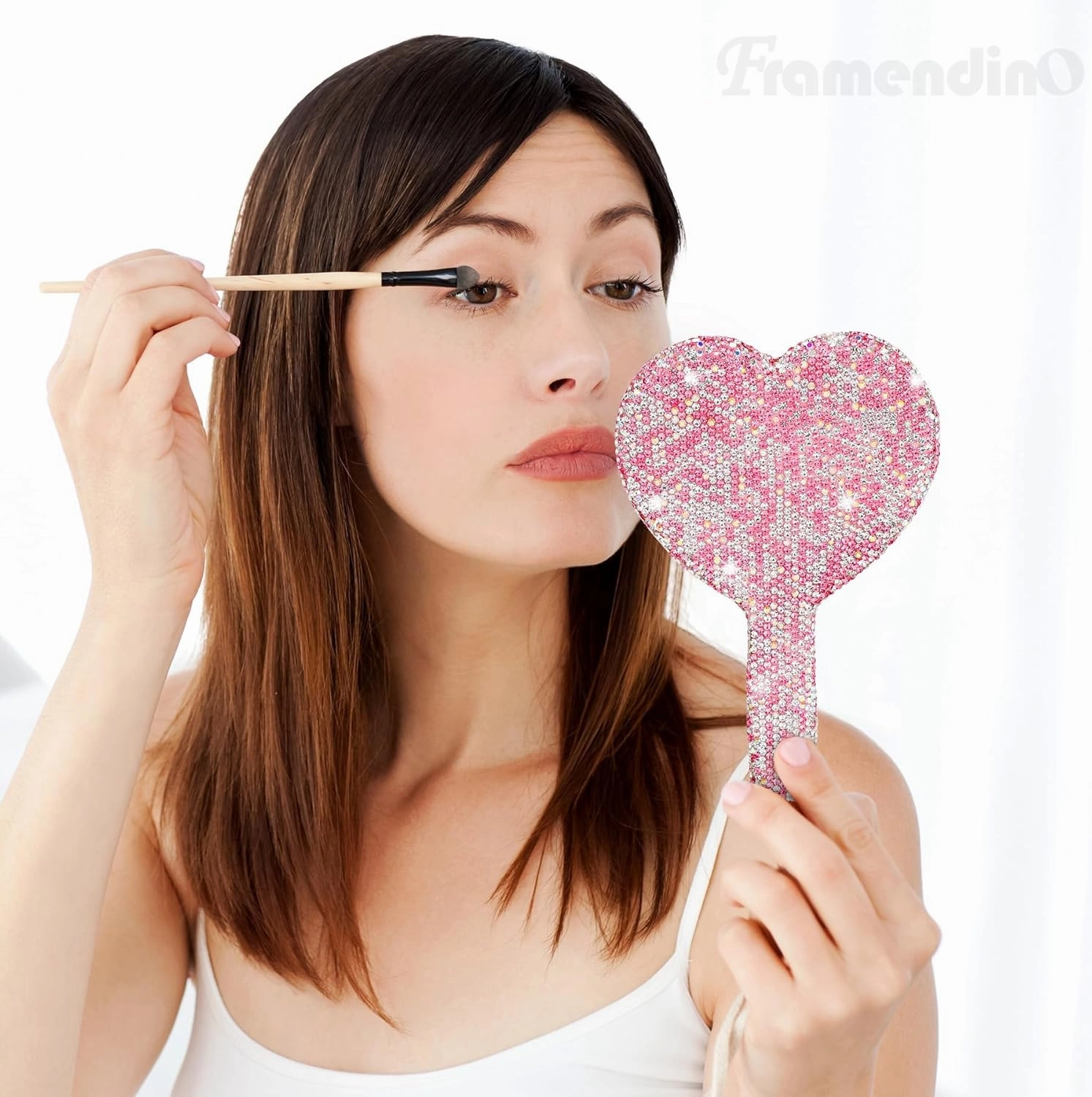 Framendino, 2 Pack Rhinestone Handheld Mirror Heart Bling Glitter Cosmetic Dazzling Portable Hand Mirrors with Handle for Women Pink