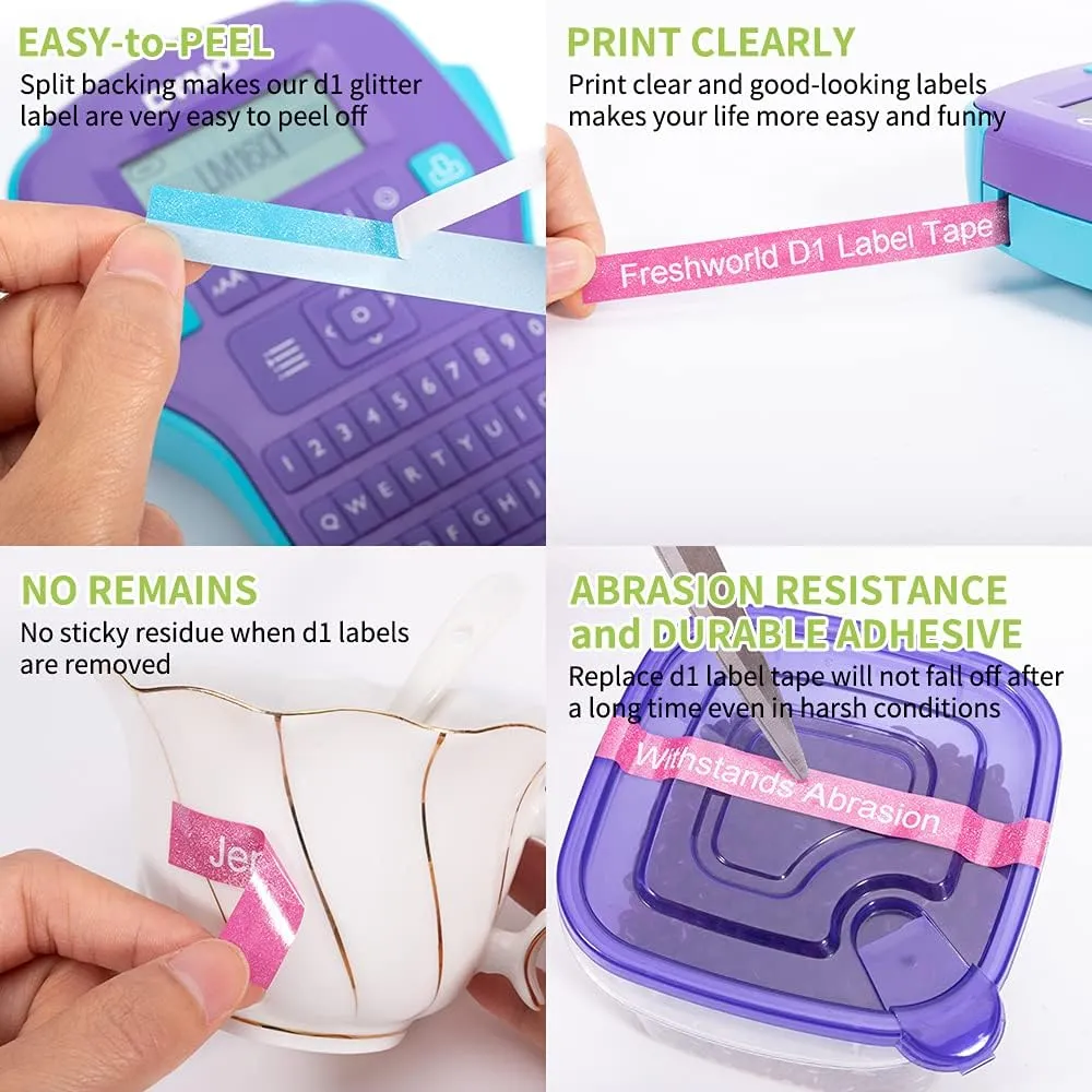 Freshworld Compatible with Dymo D1 Colorpop 12mm 0.47" Label Tape 45013 D1 Label Refills, for COLORPOP Label Maker LabelManager 160 280 360D 420P PnP, Clear/White, Blue/Purple/Pink Glitter, 5-Pack