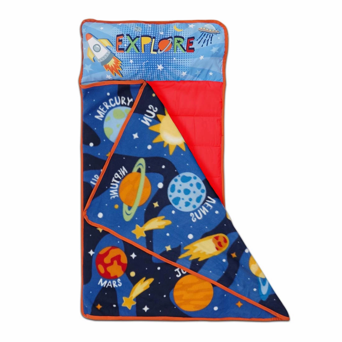 Funhouse Explore Planets & Outer Space Kids Nap Mat Set – Includes Pillow And Fleece Blanket – Great For Boys Napping during Daycare Or Preschool - Fits Toddlers, Blue