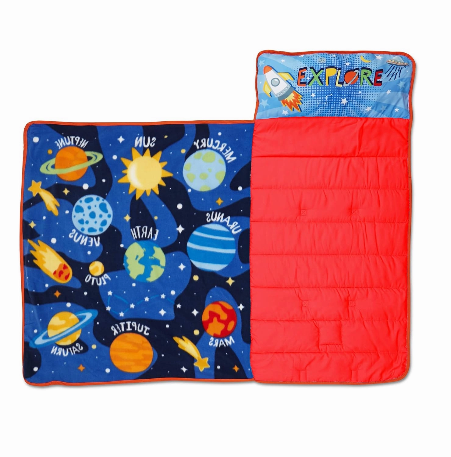 Funhouse Explore Planets & Outer Space Kids Nap Mat Set – Includes Pillow And Fleece Blanket – Great For Boys Napping during Daycare Or Preschool - Fits Toddlers, Blue