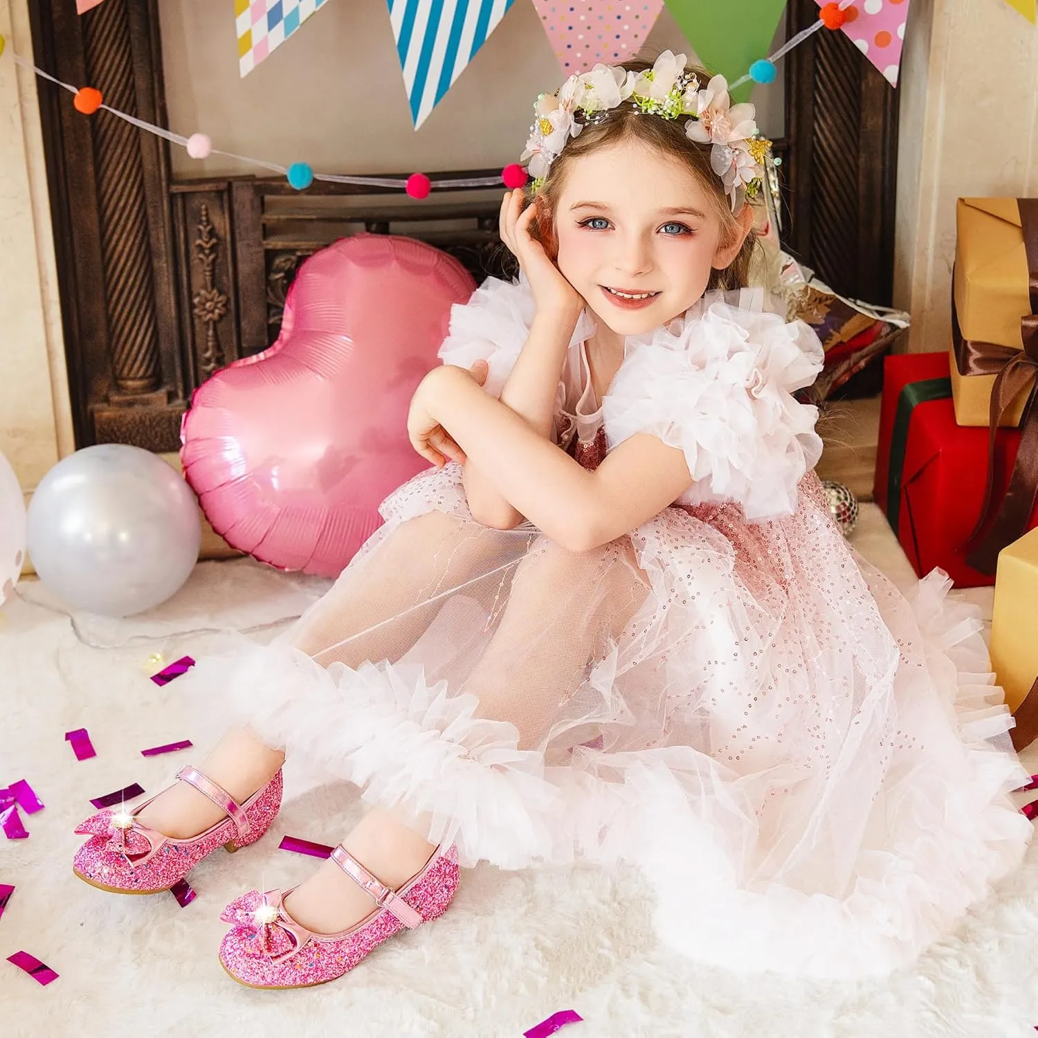 Furdeour Girls Dress Shoes Mary Jane Wedding Flower Bridesmaids Heels Glitter Princess Shoes for Kids Toddler