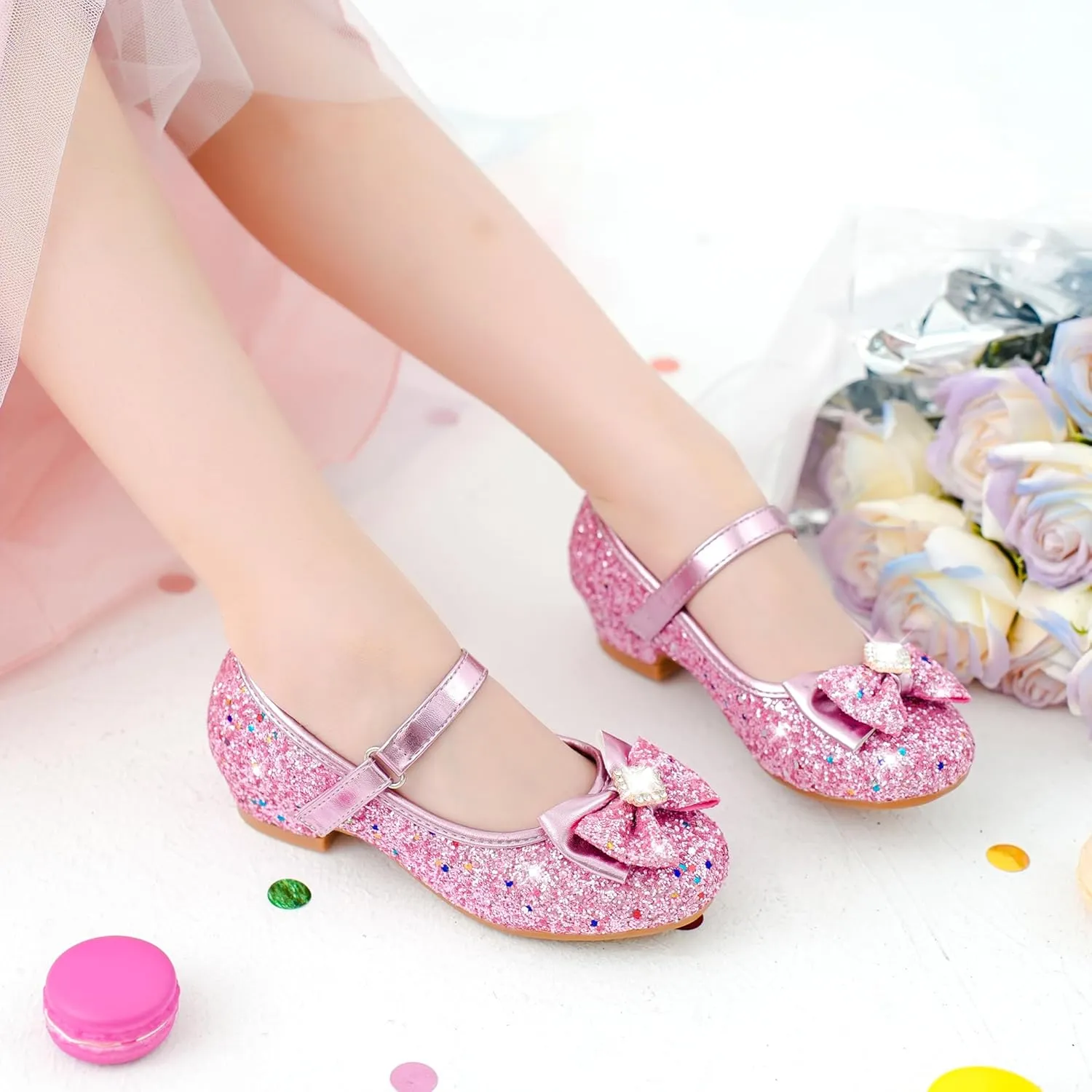 Furdeour Girls Dress Shoes Mary Jane Wedding Flower Bridesmaids Heels Glitter Princess Shoes for Kids Toddler
