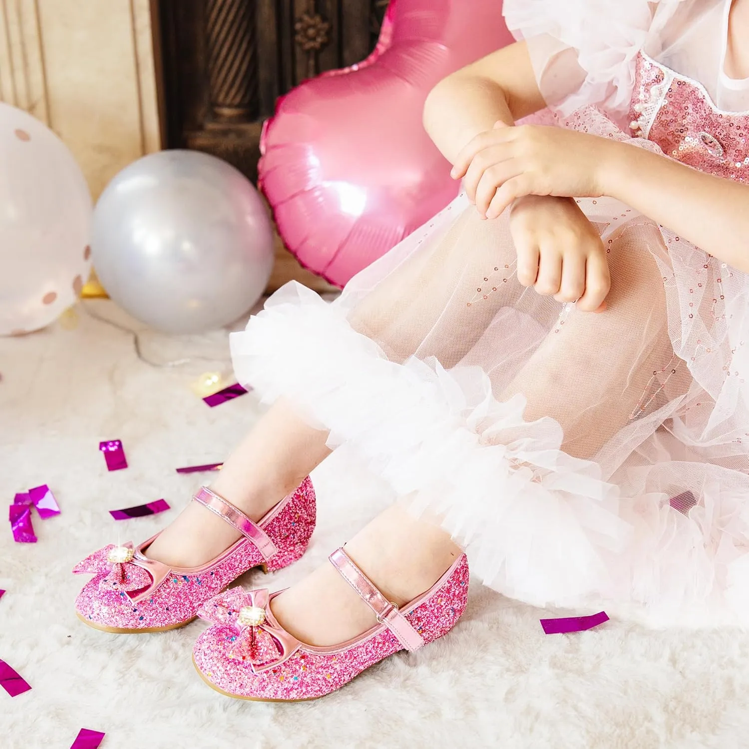 Furdeour Girls Dress Shoes Mary Jane Wedding Flower Bridesmaids Heels Glitter Princess Shoes for Kids Toddler