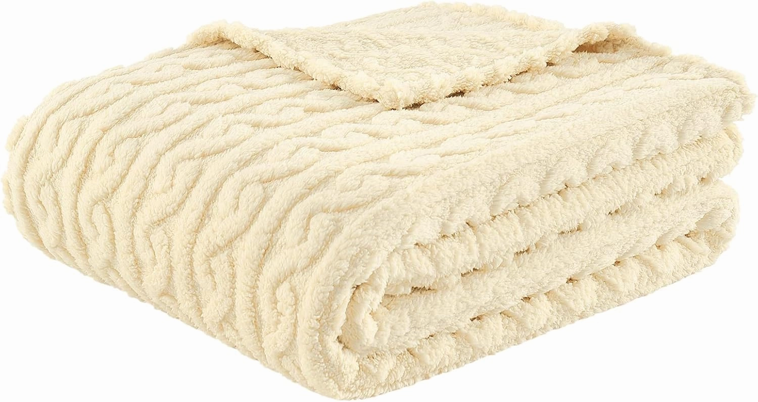FY FIBER HOUSE Fleece Blanket – 3D Pattern Design Bedding Sherpa Throw Blanket for Camping, Travel Warm Super Soft Fluffy Cozy Decorative Twin 50”x60” Beige