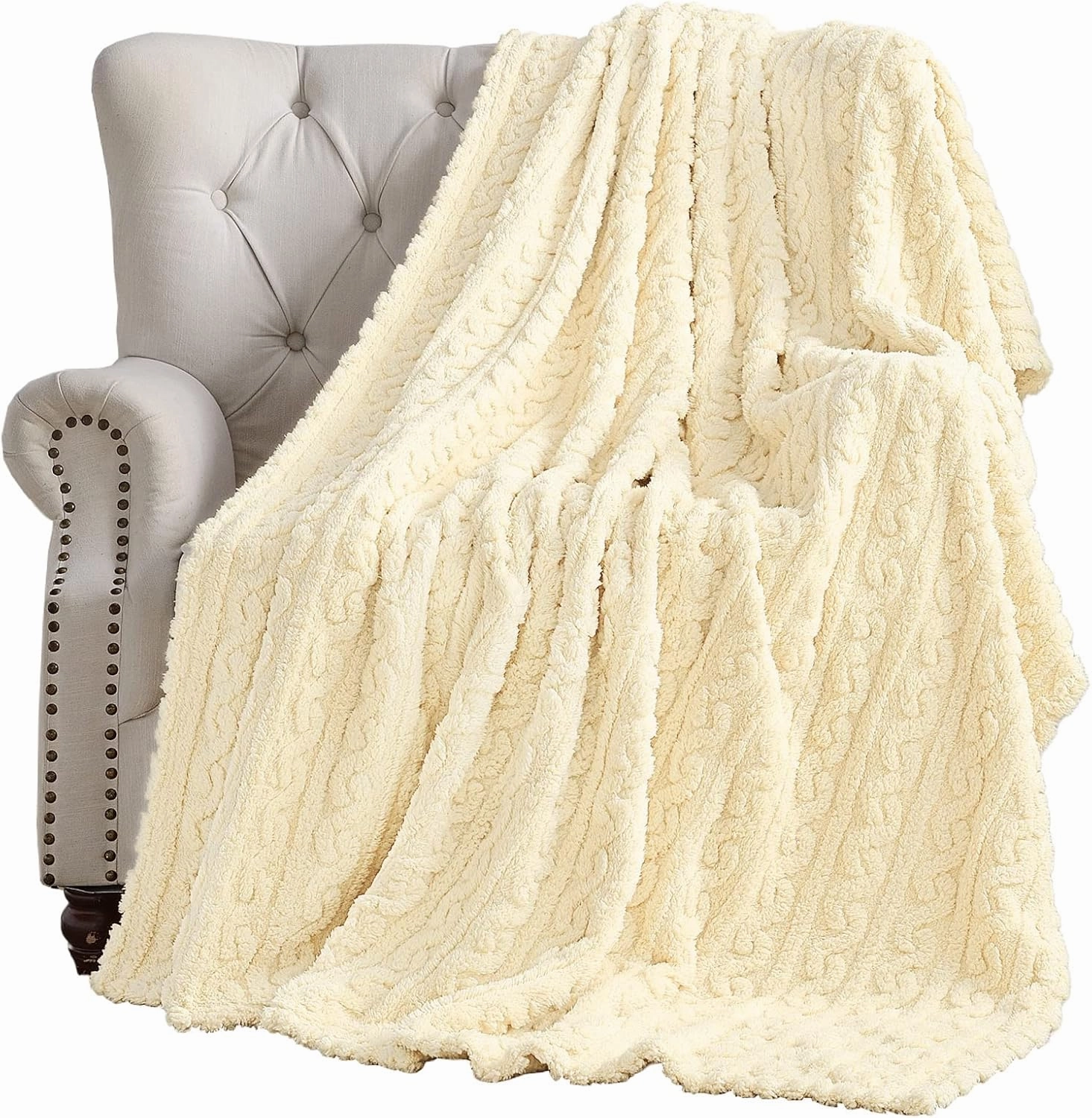 FY FIBER HOUSE Fleece Blanket – 3D Pattern Design Bedding Sherpa Throw Blanket for Camping, Travel Warm Super Soft Fluffy Cozy Decorative Twin 50”x60” Beige