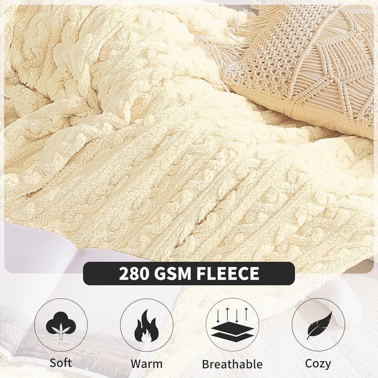 FY FIBER HOUSE Fleece Blanket – 3D Pattern Design Bedding Sherpa Throw Blanket for Camping, Travel Warm Super Soft Fluffy Cozy Decorative Twin 50”x60” Beige