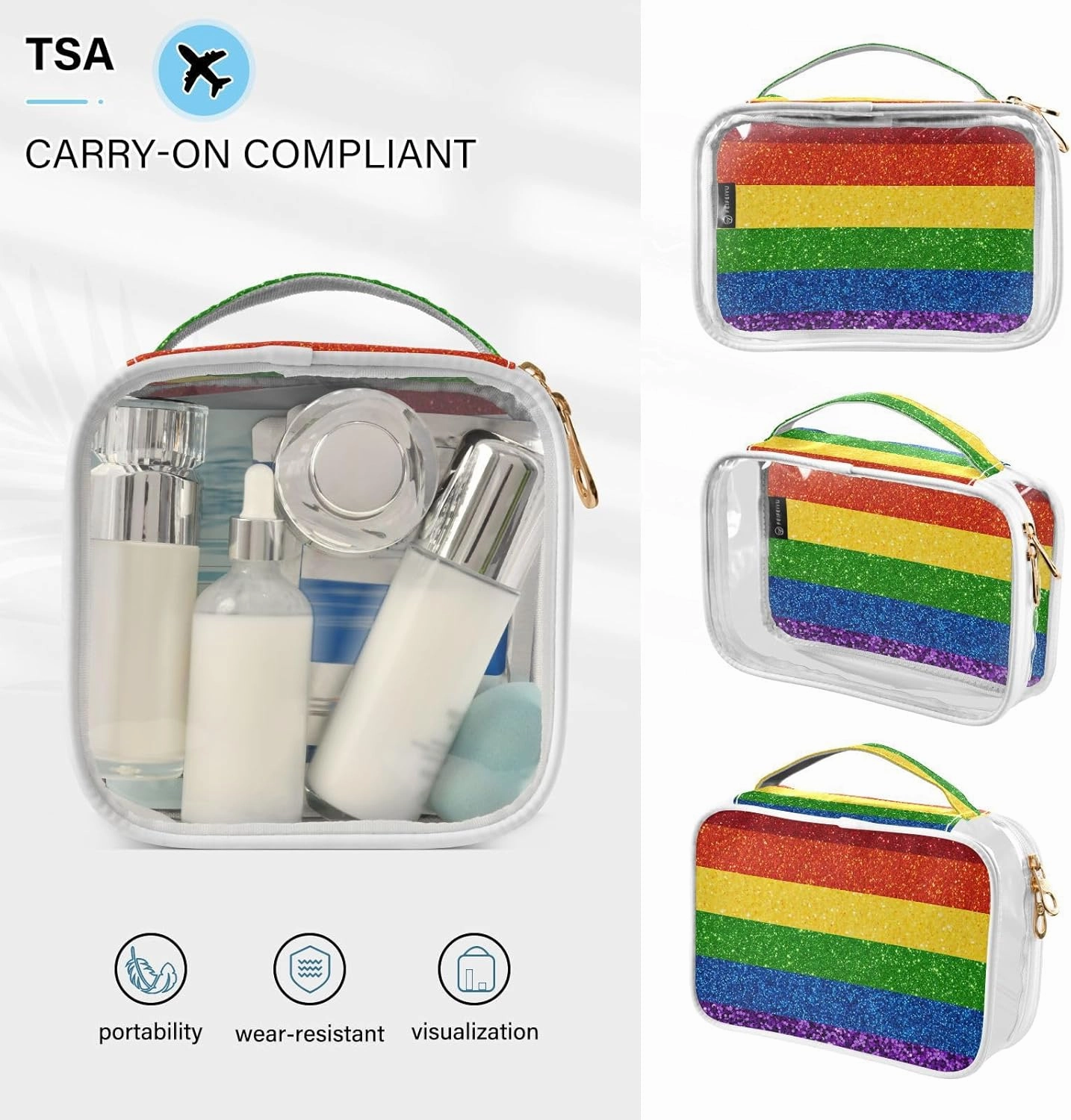 GAIGEO Lgbt Glitter Rainbow Pride Flag Clear Cosmetic Bag Set, Travel Bag Cosmetics, Travel Size Toiletries Bag for Women, 2 Pack