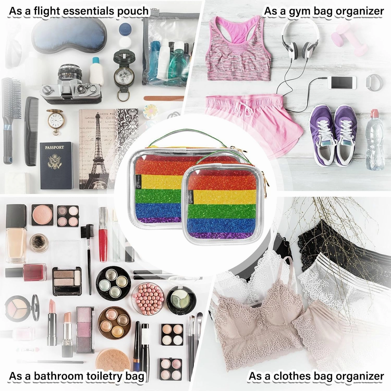 GAIGEO Lgbt Glitter Rainbow Pride Flag Clear Cosmetic Bag Set, Travel Bag Cosmetics, Travel Size Toiletries Bag for Women, 2 Pack