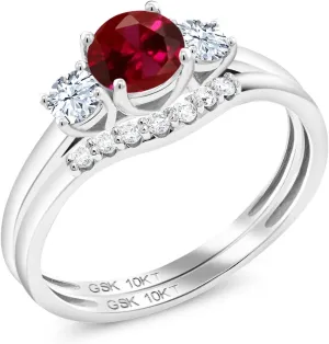 Gem Stone King 10K White Gold Created Ruby White Created Sapphire and Lab Grown Diamond 3-Stone Bridal Engagement Wedding Ring Set For Women | 0.93 Cttw | Round 5MM | Available in Size 5,6,7,8,9