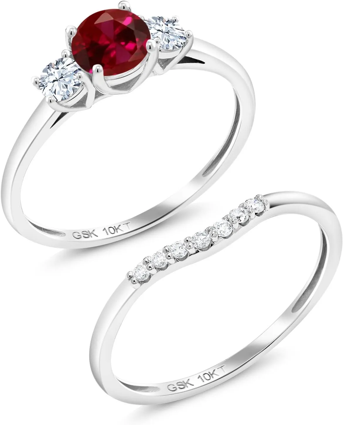Gem Stone King 10K White Gold Created Ruby White Created Sapphire and Lab Grown Diamond 3-Stone Bridal Engagement Wedding Ring Set For Women | 0.93 Cttw | Round 5MM | Available in Size 5,6,7,8,9
