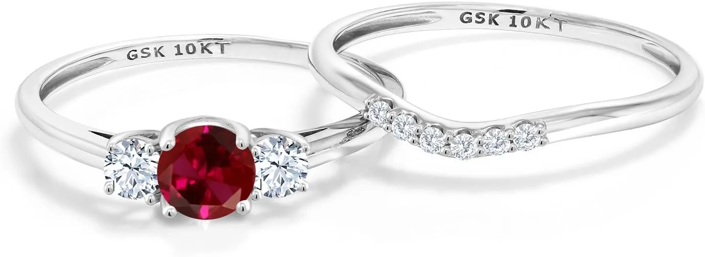 Gem Stone King 10K White Gold Created Ruby White Created Sapphire and Lab Grown Diamond 3-Stone Bridal Engagement Wedding Ring Set For Women | 0.93 Cttw | Round 5MM | Available in Size 5,6,7,8,9