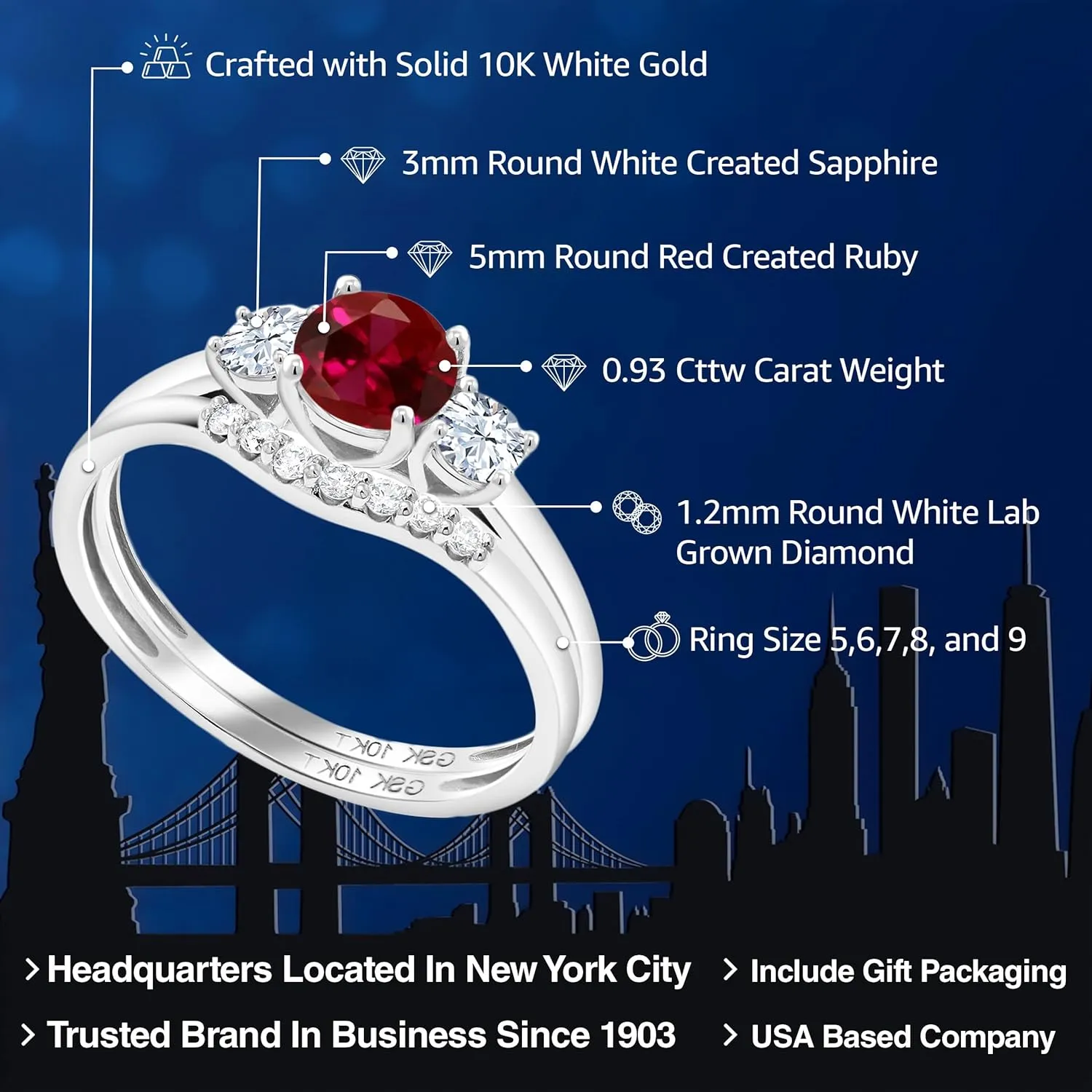 Gem Stone King 10K White Gold Created Ruby White Created Sapphire and Lab Grown Diamond 3-Stone Bridal Engagement Wedding Ring Set For Women | 0.93 Cttw | Round 5MM | Available in Size 5,6,7,8,9