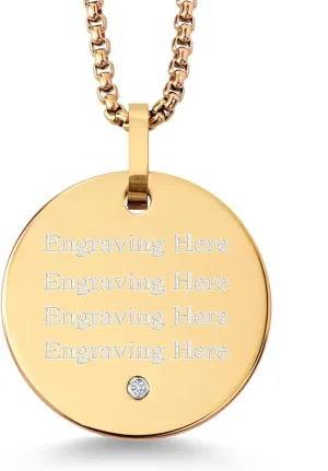 Gem Stone King Custom Free Engraving Gold Plated Tungsten Carbide Solid Polished Disc Pendant Necklace with White Lab Grown Diamond | G-H Color | SI1 Clarity | With 24 Inch Stainless Steel Chain