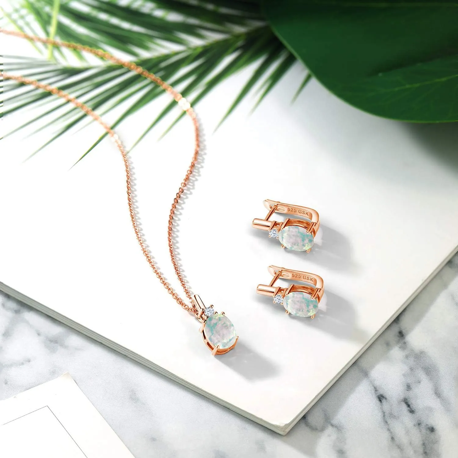 Gem Stone King Gemstone Birthstone and White Created Sapphire Pendant and Earrings Jewelry Set for Women in 18K Yellow Gold Plated Silver | Oval 8X6MM and Round 2.5MM | With 18 Inch Chain