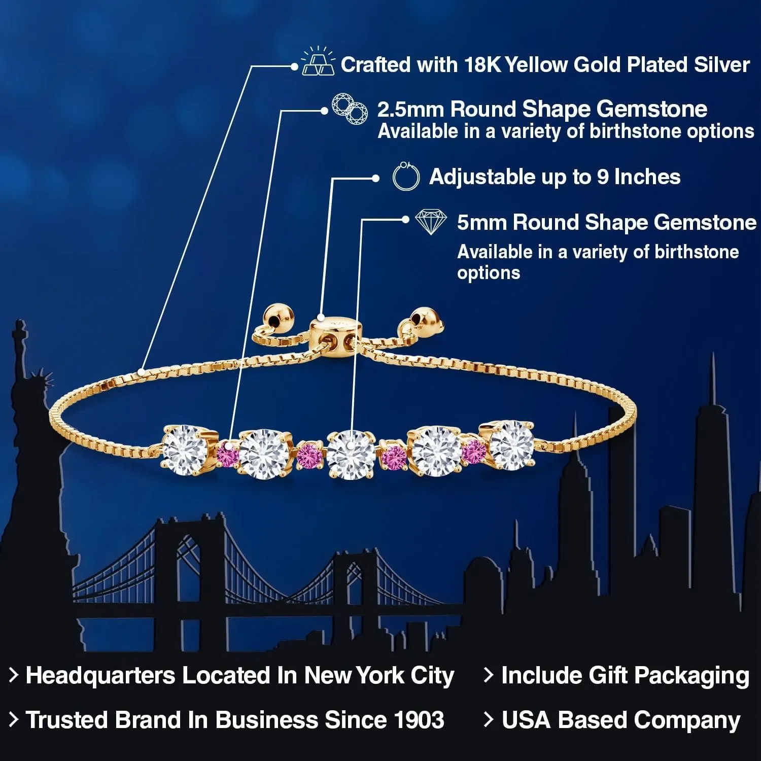 Gemstone Birthstone and Pink Created Sapphire Tennis Bracelet for Women | 18K Yellow Gold Plated Silver | Round 5MM & 2.5MM | Adjustable Bolo Design | Easy-On Easy-Off | Fully Adjustable Up to 9 Inch