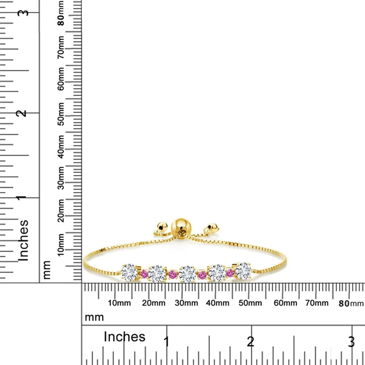 Gemstone Birthstone and Pink Created Sapphire Tennis Bracelet for Women | 18K Yellow Gold Plated Silver | Round 5MM & 2.5MM | Adjustable Bolo Design | Easy-On Easy-Off | Fully Adjustable Up to 9 Inch