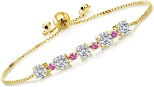 Gemstone Birthstone and Pink Created Sapphire Tennis Bracelet for Women | 18K Yellow Gold Plated Silver | Round 5MM & 2.5MM | Adjustable Bolo Design | Easy-On Easy-Off | Fully Adjustable Up to 9 Inch
