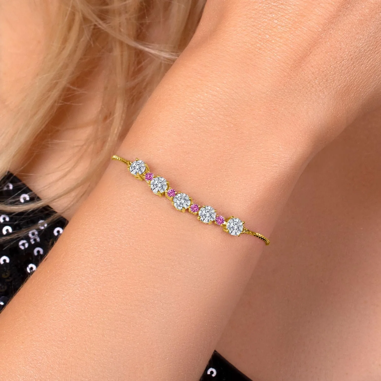 Gemstone Birthstone and Pink Created Sapphire Tennis Bracelet for Women | 18K Yellow Gold Plated Silver | Round 5MM & 2.5MM | Adjustable Bolo Design | Easy-On Easy-Off | Fully Adjustable Up to 9 Inch