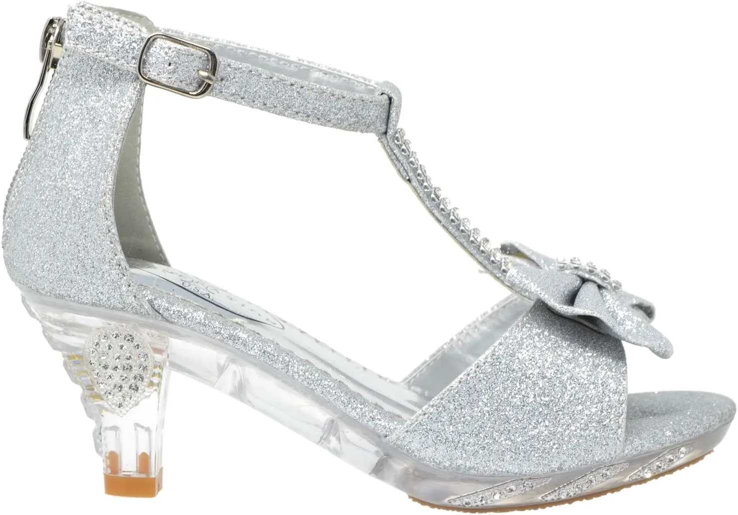 Generation Y Kids Dress Sandals T-Strap Rhinestone Glitter Clear High Heel Girls Shoes
