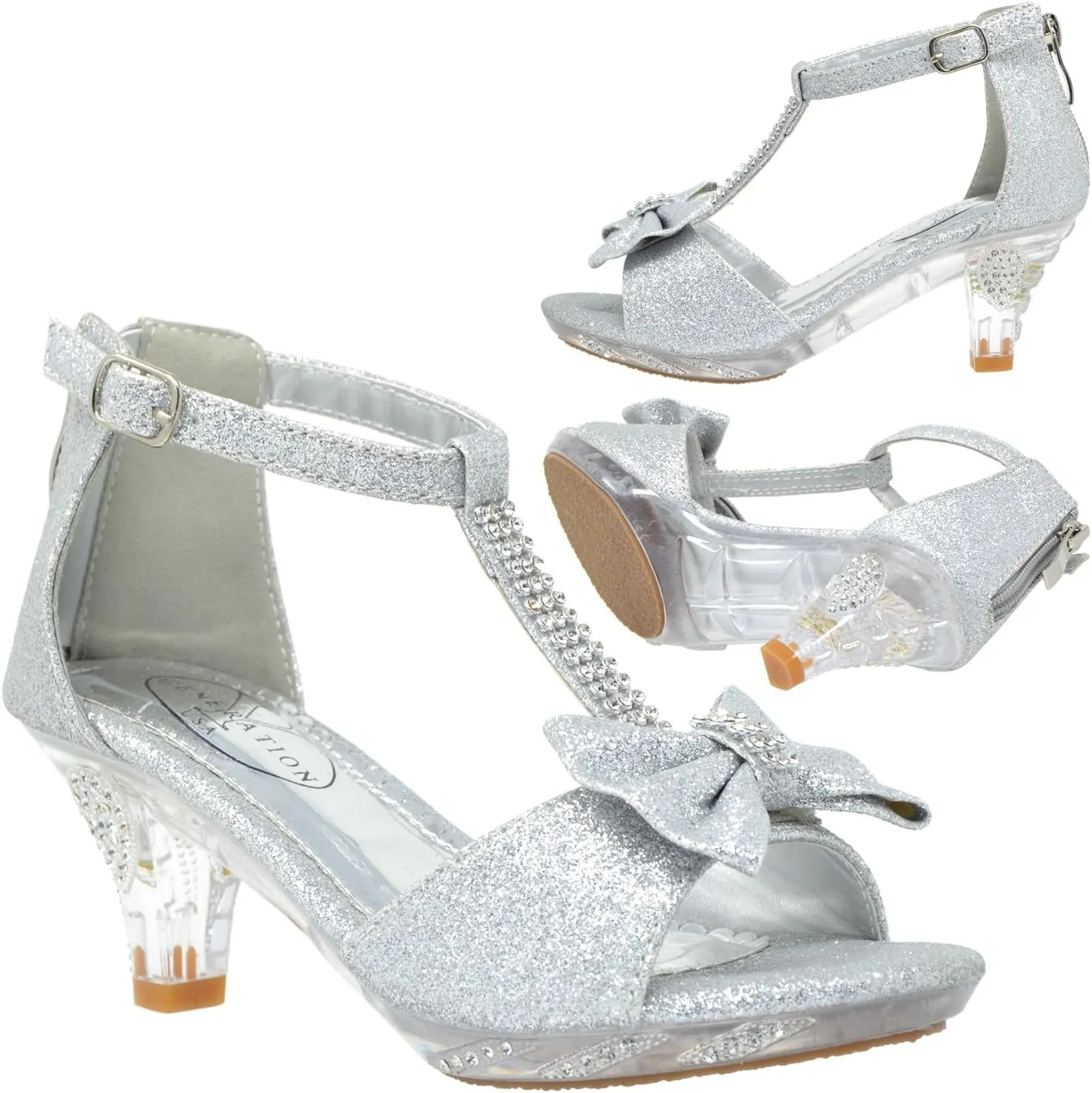 Generation Y Kids Dress Sandals T-Strap Rhinestone Glitter Clear High Heel Girls Shoes