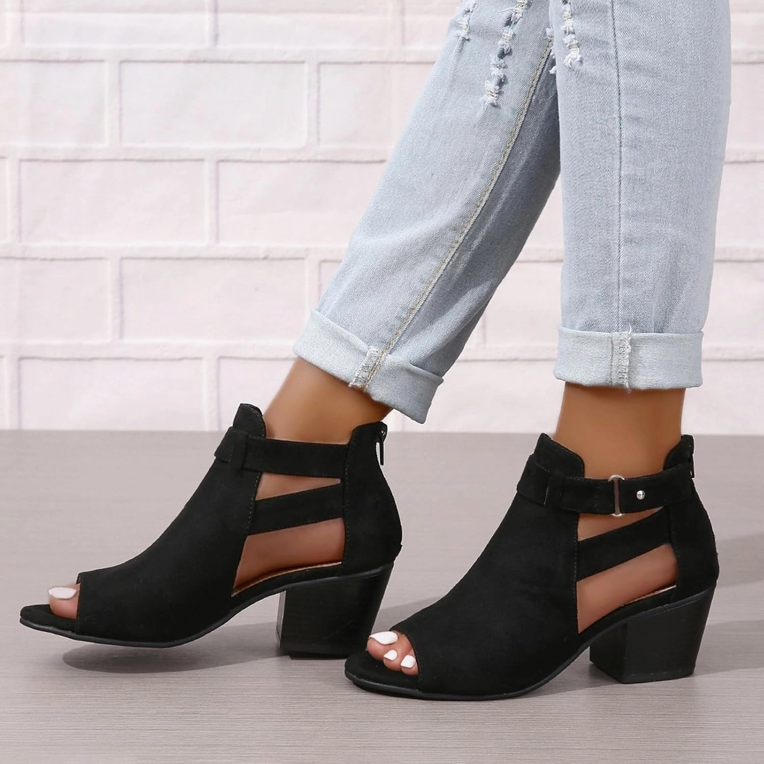 Generic Womens Peep Toe Ankle Booties Chunky Heels Suede Side Cutout Back Zipper Sandals Ankle Strap Dressy Sandals