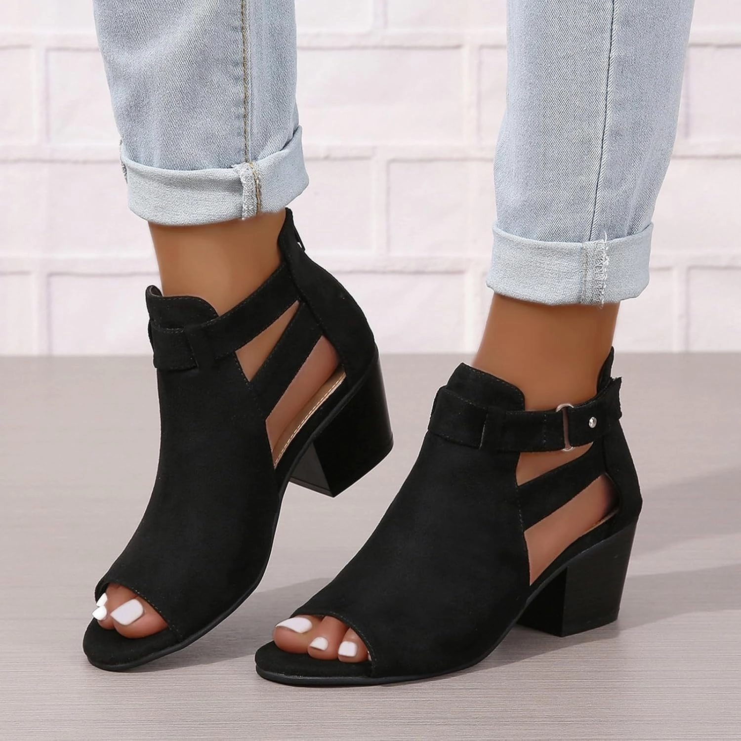 Generic Womens Peep Toe Ankle Booties Chunky Heels Suede Side Cutout Back Zipper Sandals Ankle Strap Dressy Sandals