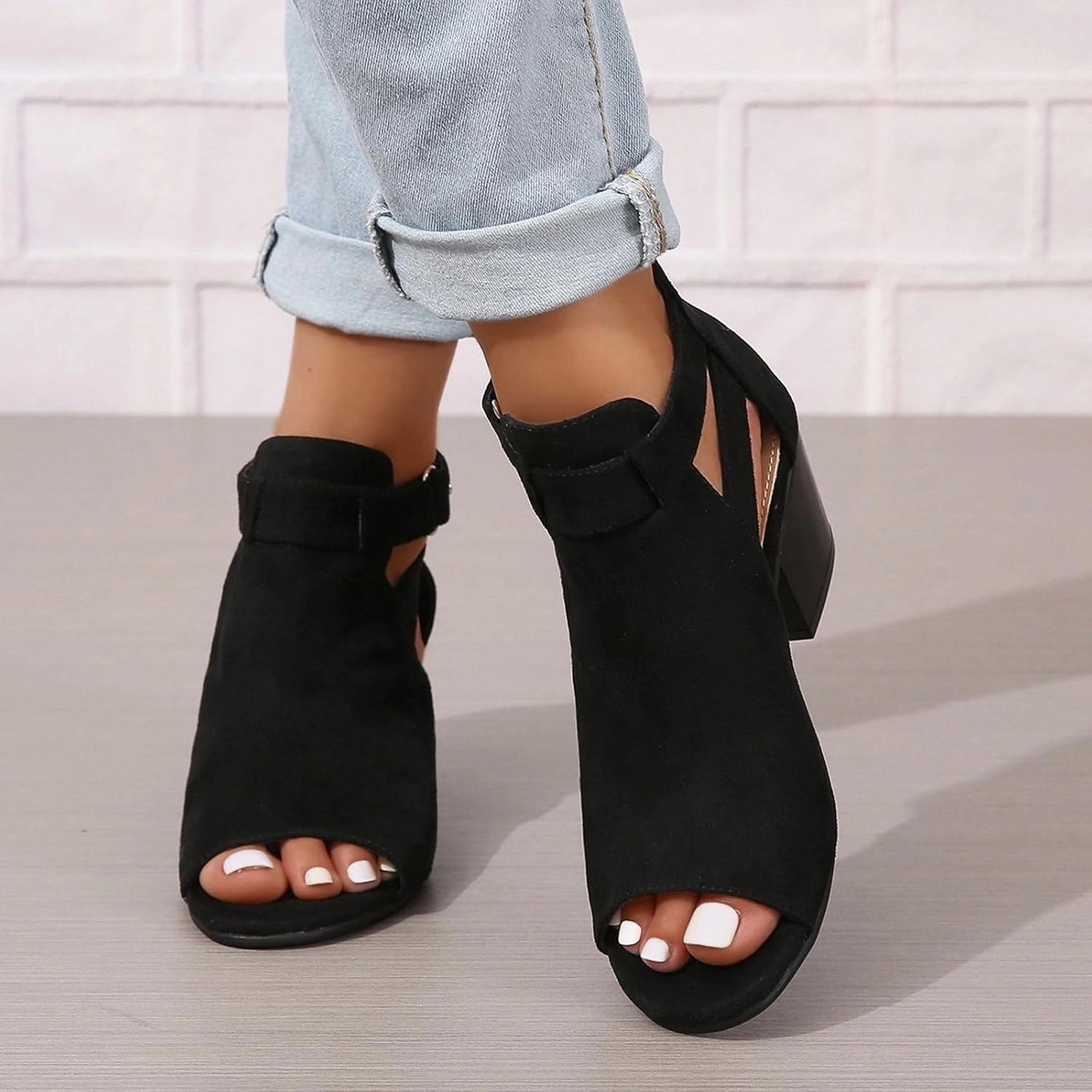 Generic Womens Peep Toe Ankle Booties Chunky Heels Suede Side Cutout Back Zipper Sandals Ankle Strap Dressy Sandals