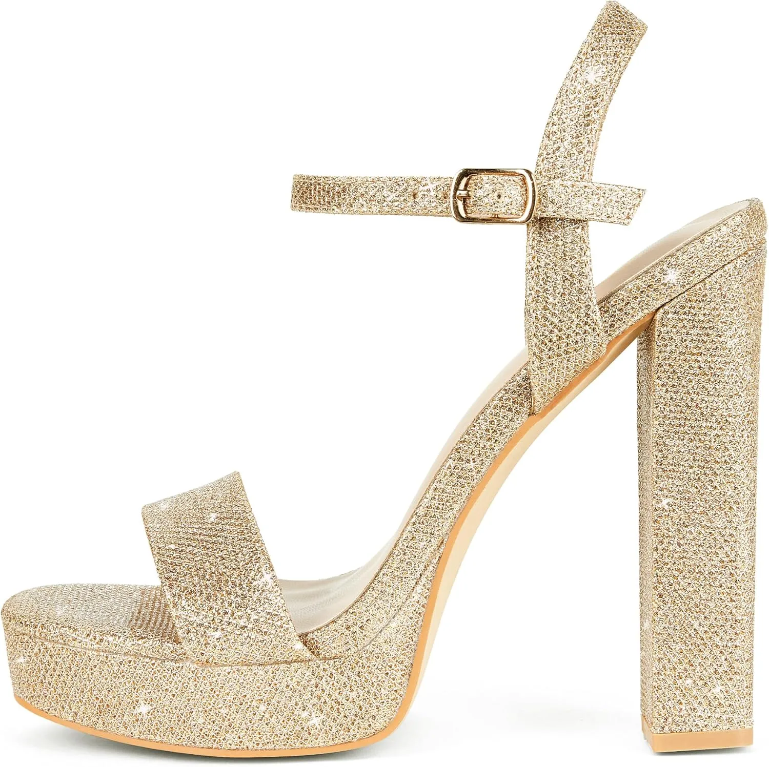 GENSHUO Platform 5 inch High Heels for Women Block Chunky High Heeled Sandals Square Open Toe Ankle Strap Glitter Sexy Shoes for Wedding Party Prom Dance