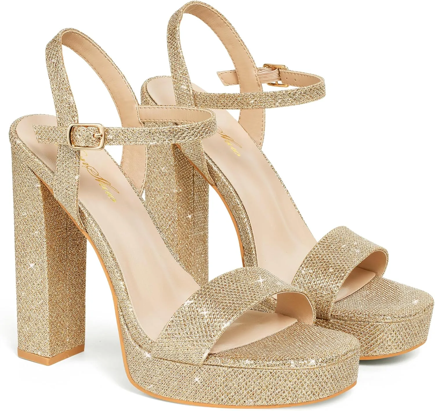 GENSHUO Platform 5 inch High Heels for Women Block Chunky High Heeled Sandals Square Open Toe Ankle Strap Glitter Sexy Shoes for Wedding Party Prom Dance
