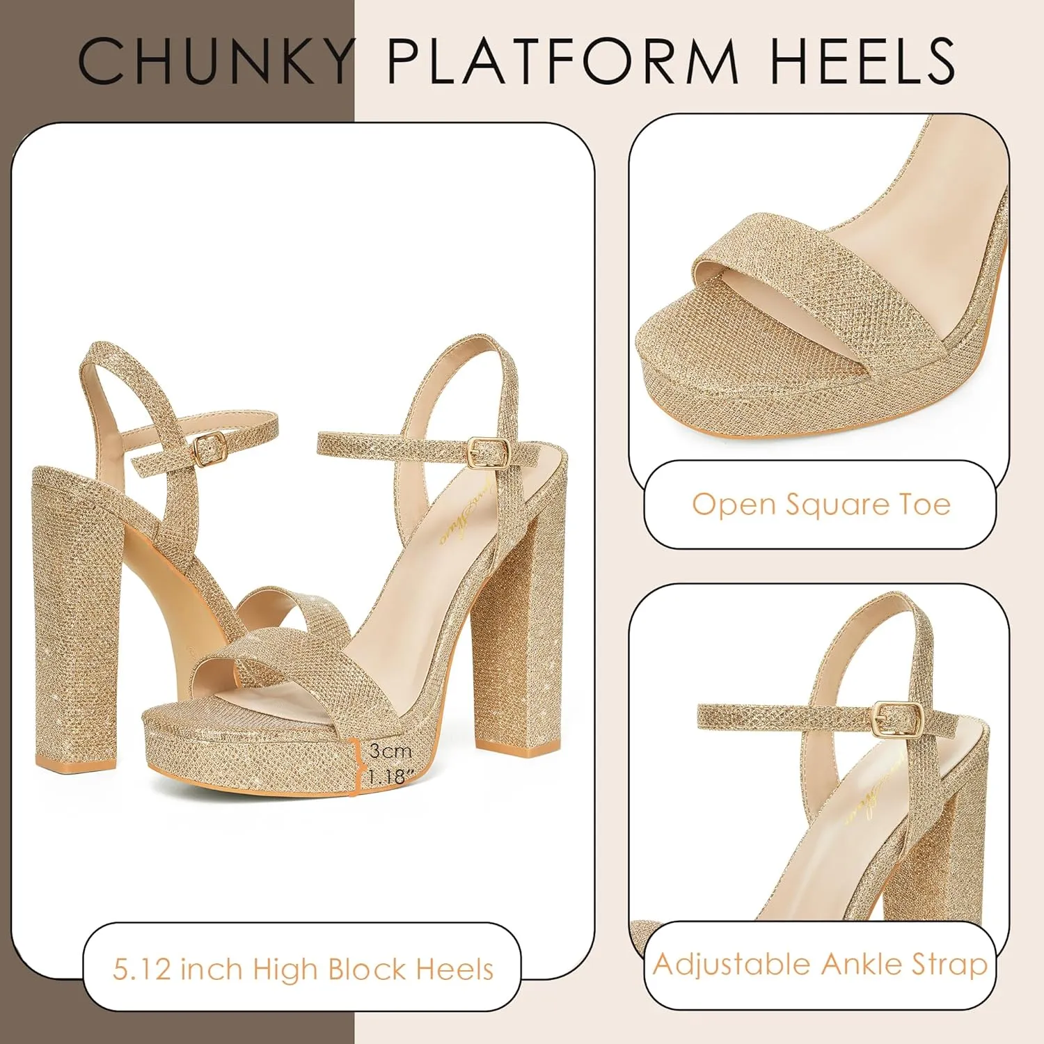 GENSHUO Platform 5 inch High Heels for Women Block Chunky High Heeled Sandals Square Open Toe Ankle Strap Glitter Sexy Shoes for Wedding Party Prom Dance