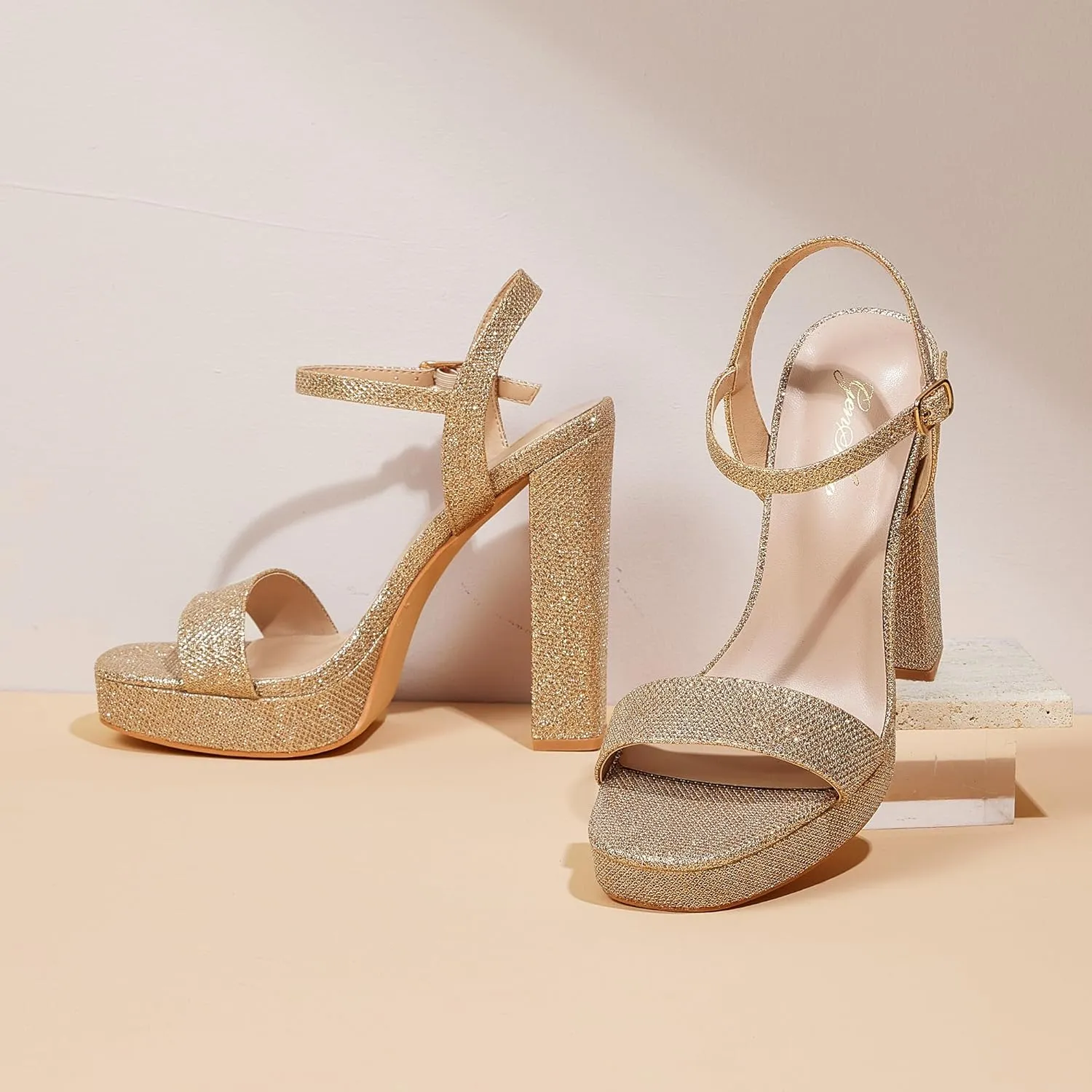 GENSHUO Platform 5 inch High Heels for Women Block Chunky High Heeled Sandals Square Open Toe Ankle Strap Glitter Sexy Shoes for Wedding Party Prom Dance