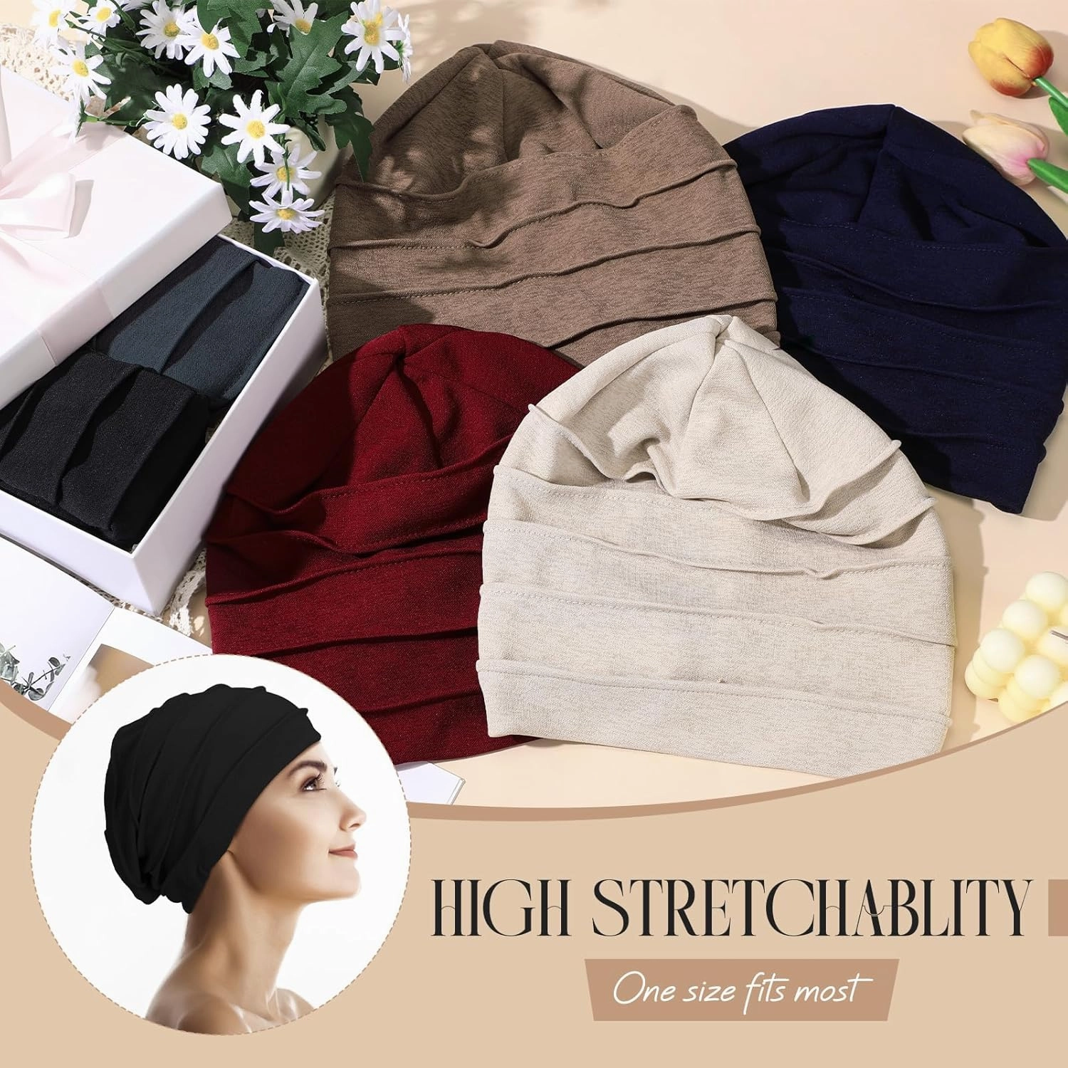 Geyoga 6 Pieces Slouchy Hair Loss Beanies Hats Soft Polyester Cancer Hat Stretchy Sleeping Cap Headwear for Women