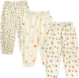 GFQLONG Toddler Baby Girls 3 Pack Elastic Waist Pants Soft Cotton Linen Harem Bloomers Summer Fall Long Pants