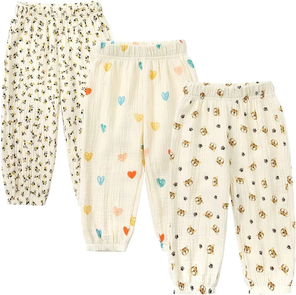 GFQLONG Toddler Baby Girls 3 Pack Elastic Waist Pants Soft Cotton Linen Harem Bloomers Summer Fall Long Pants