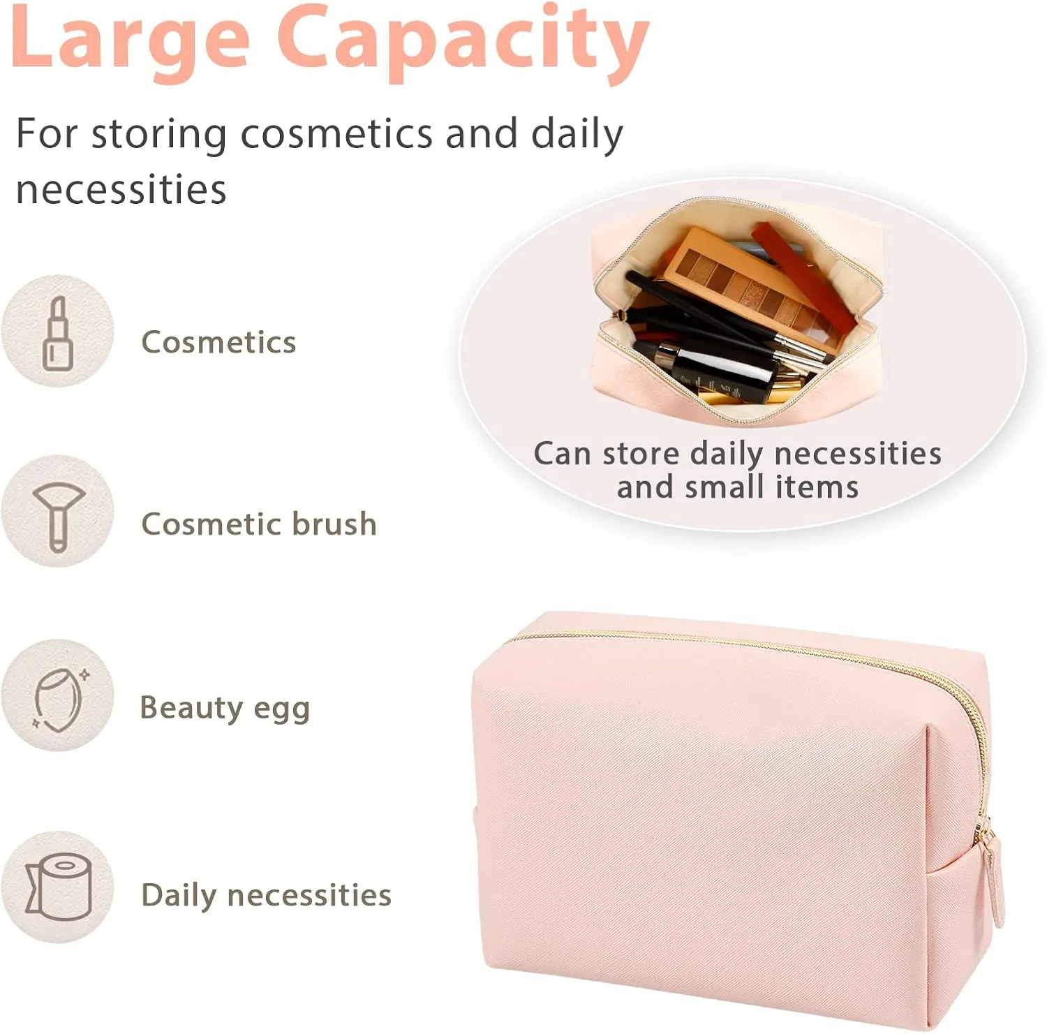 GFU Makeup Bag Large Travel Zipper Cosmetic Pouch, Water Resistant PU Leather Toiletry Organizer for Women and Girls, Light Champagne Pink