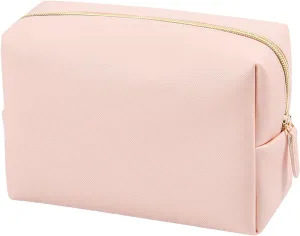 GFU Makeup Bag Large Travel Zipper Cosmetic Pouch, Water Resistant PU Leather Toiletry Organizer for Women and Girls, Light Champagne Pink