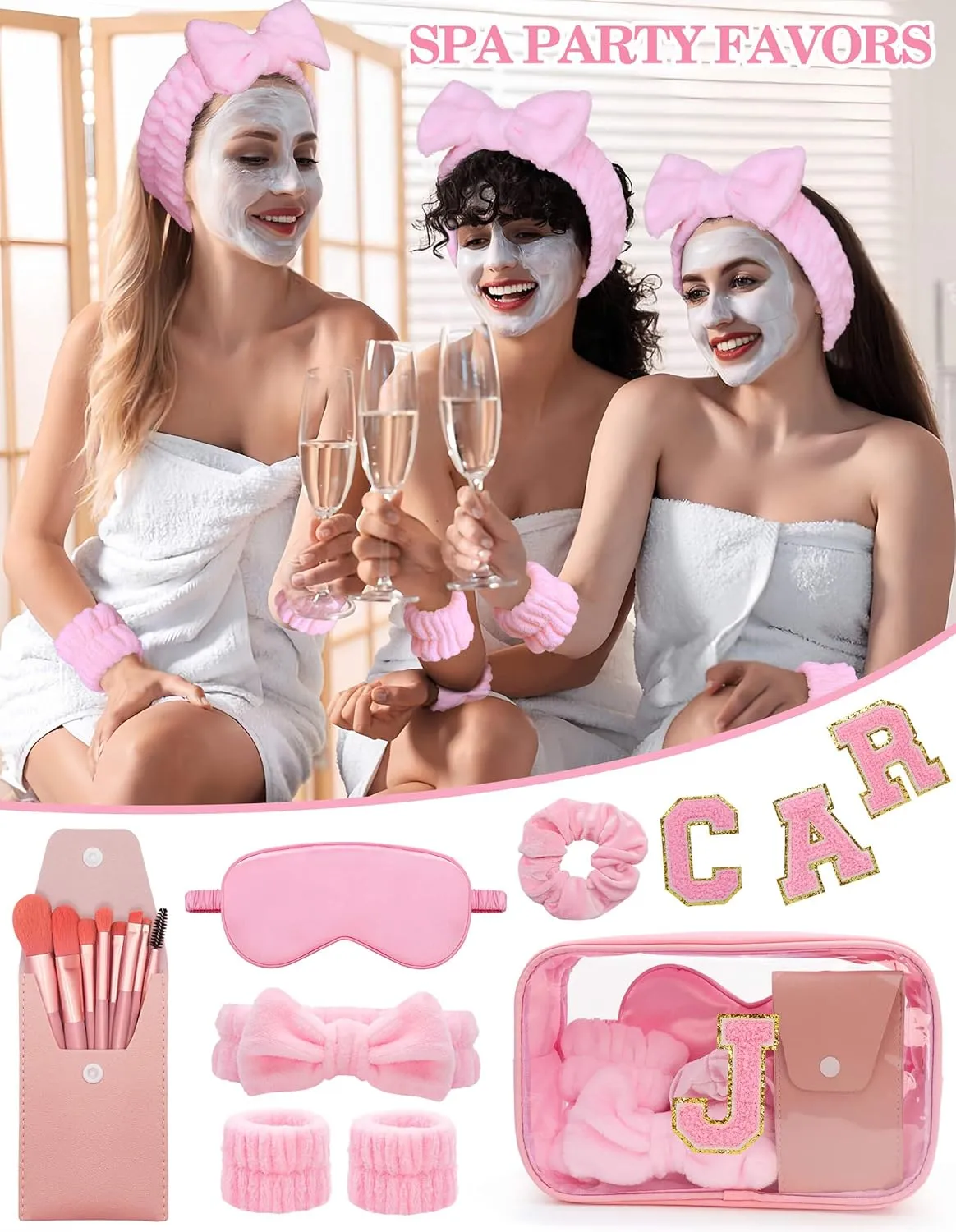 Gift Sets for Women, Initial Makeup Bag with Makeup Brush Set Bachelorette Party Favors, Pink Spa Kit with Skincare Headbands Wrist Bands Sleepover Party Supplies Gifts for Teen Girls Bridesmaid J