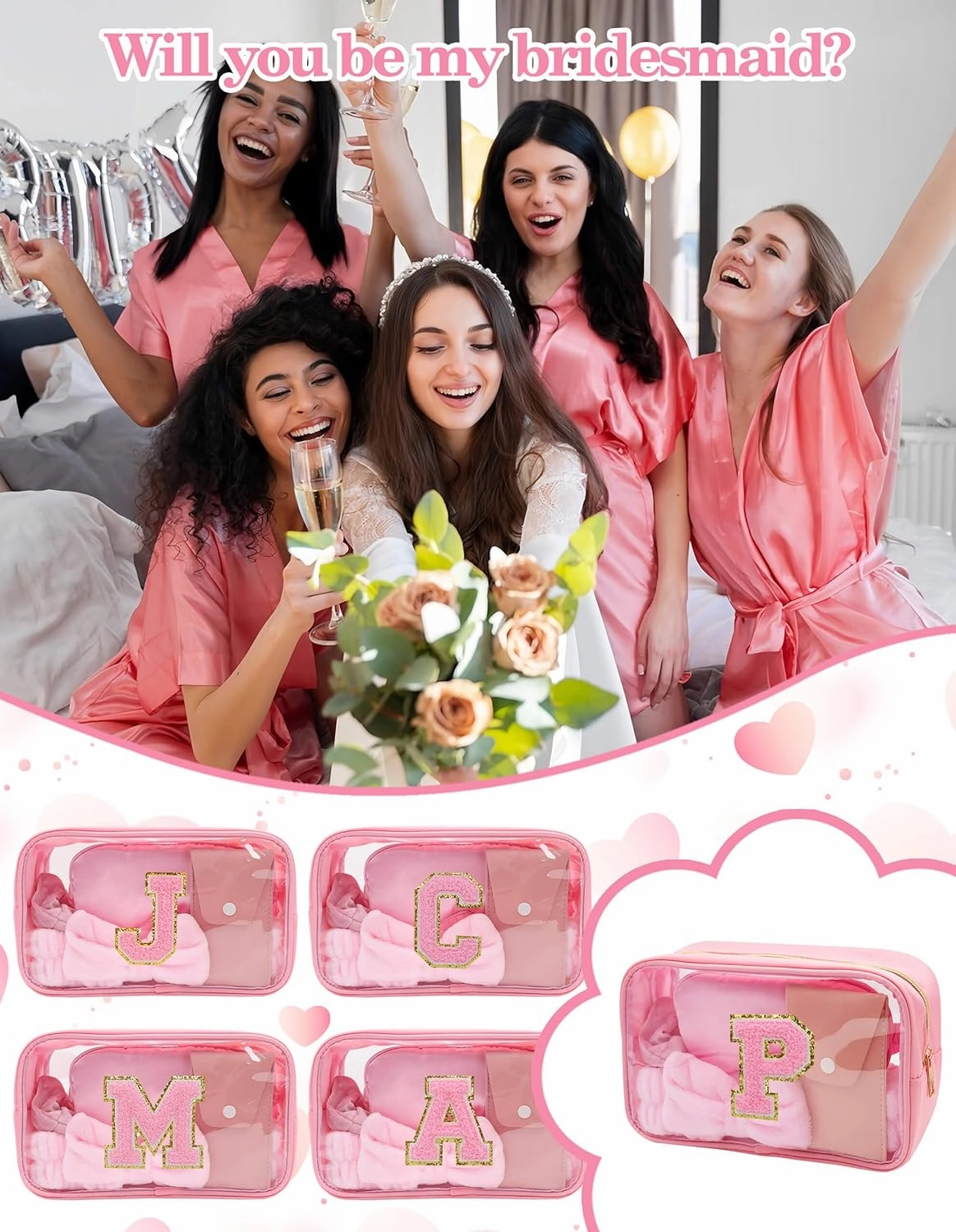 Gift Sets for Women, Initial Makeup Bag with Makeup Brush Set Bachelorette Party Favors, Pink Spa Kit with Skincare Headbands Wrist Bands Sleepover Party Supplies Gifts for Teen Girls Bridesmaid P