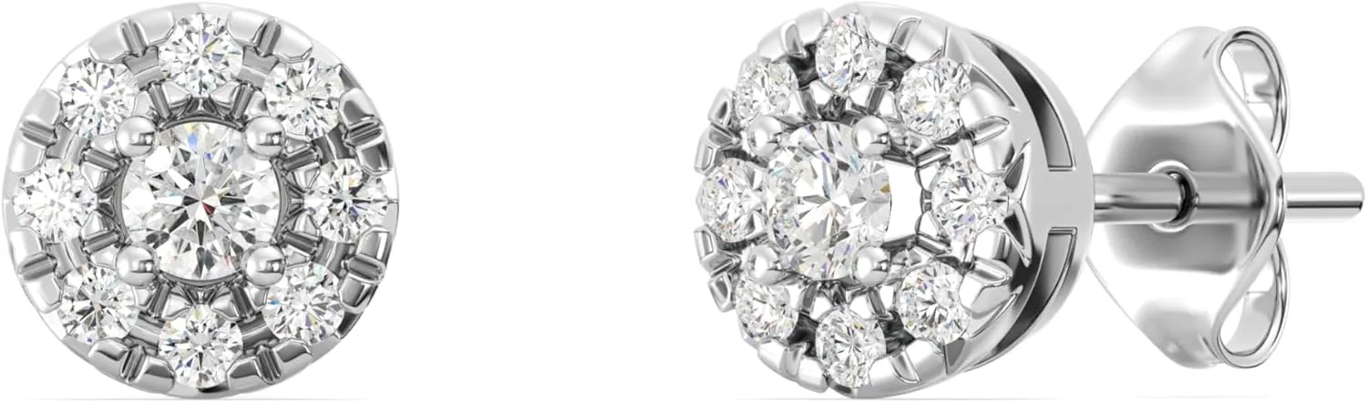 Gilded Lab-Grown Diamond Stud Plus Round Halo Earrings for Women, Round Cut, 4-Prong, Push Back, 925 Sterling Silver or 14KTGold-Plated, F Color SI1