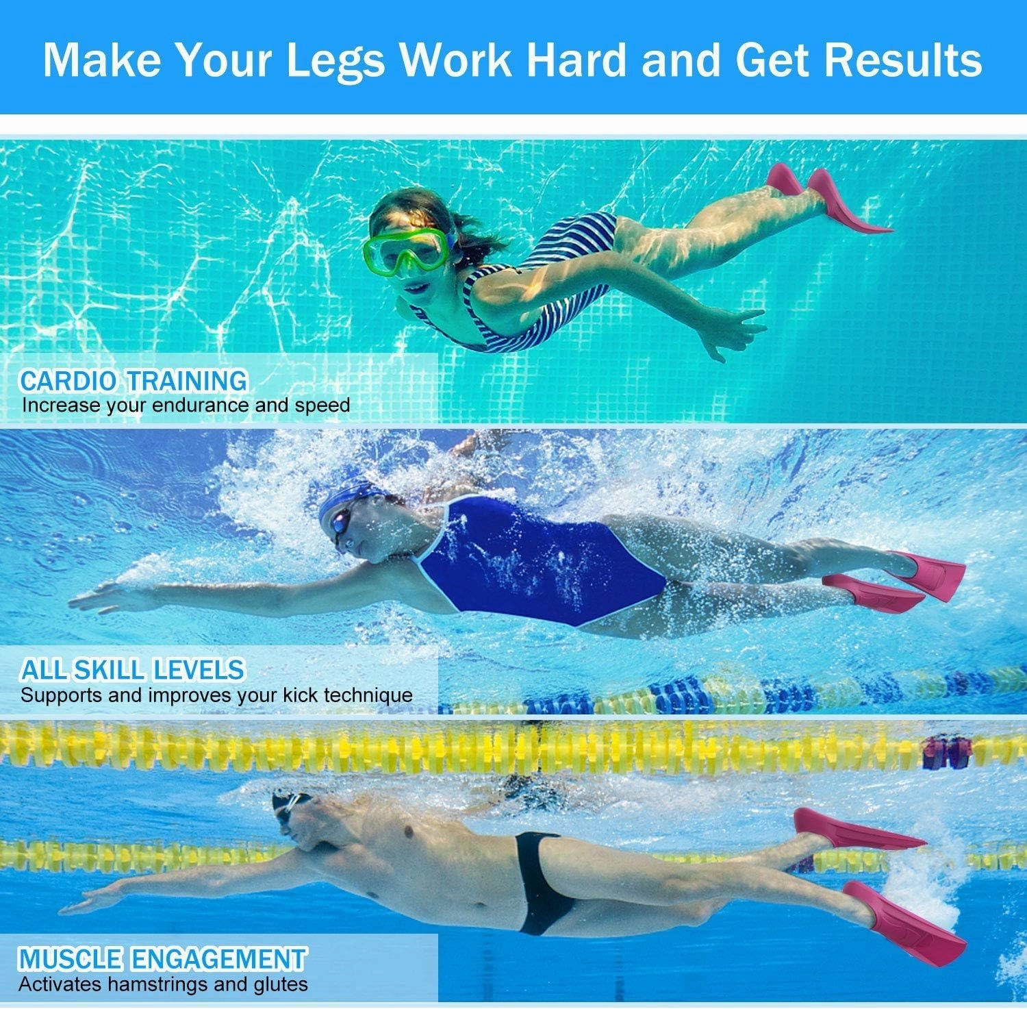 Gintenco Swim Fins, Kids Swim Training Fins for Lap Swimming, Travel Size Flippers with Mesh Bag, Silicone Swimming Fins for Kids Teens Adults Women Men