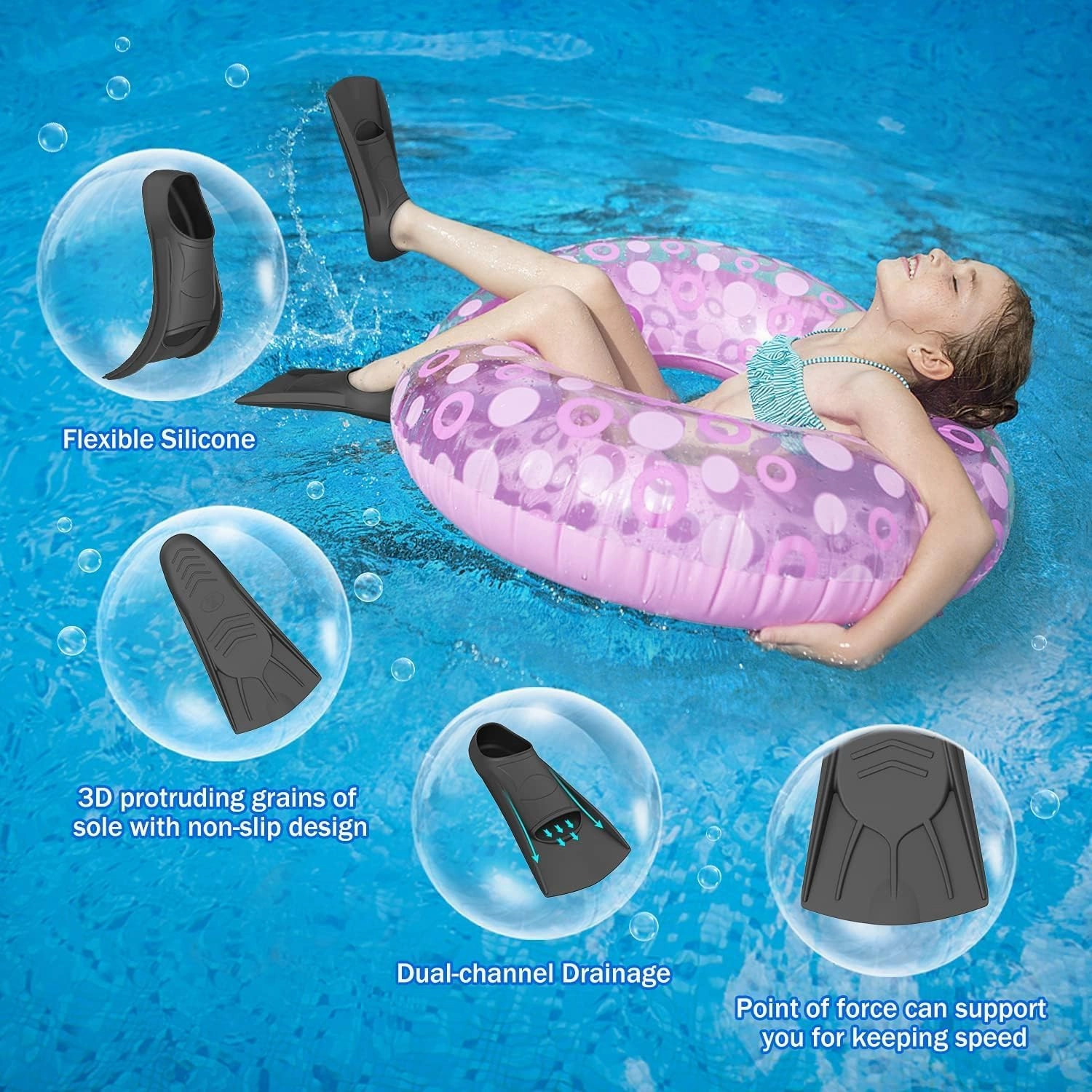Gintenco Swim Fins, Kids Swim Training Fins for Lap Swimming, Travel Size Flippers with Mesh Bag, Silicone Swimming Fins for Kids Teens Adults Women Men