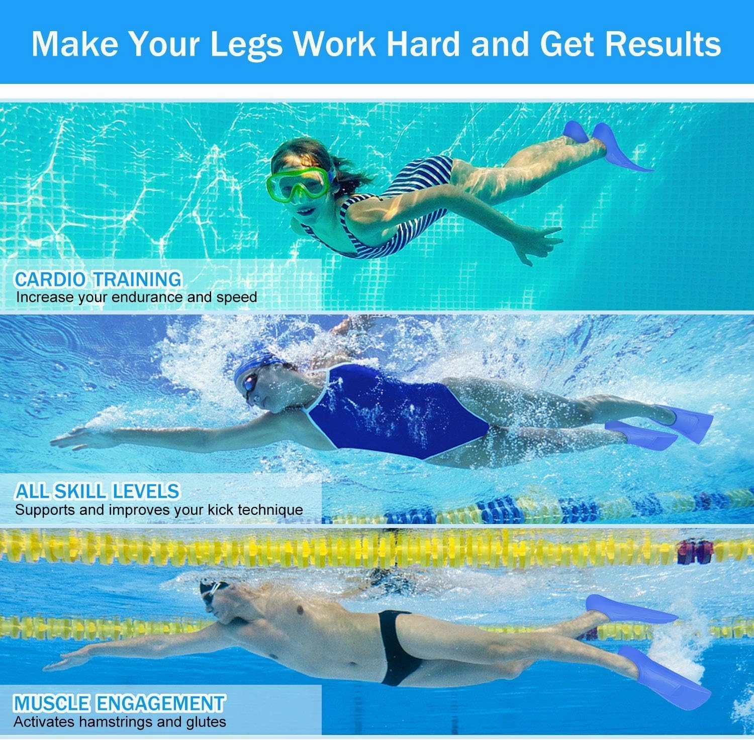 Gintenco Swim Fins, Kids Swim Training Fins for Lap Swimming, Travel Size Flippers with Mesh Bag, Silicone Swimming Fins for Kids Teens Adults Women Men