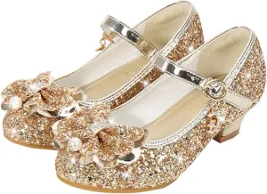 Girls Dress Shoes Glitter Shoes Flower Mary Jane Low Heels Party Wedding Prom Footwear For Toddler Princess Shoes