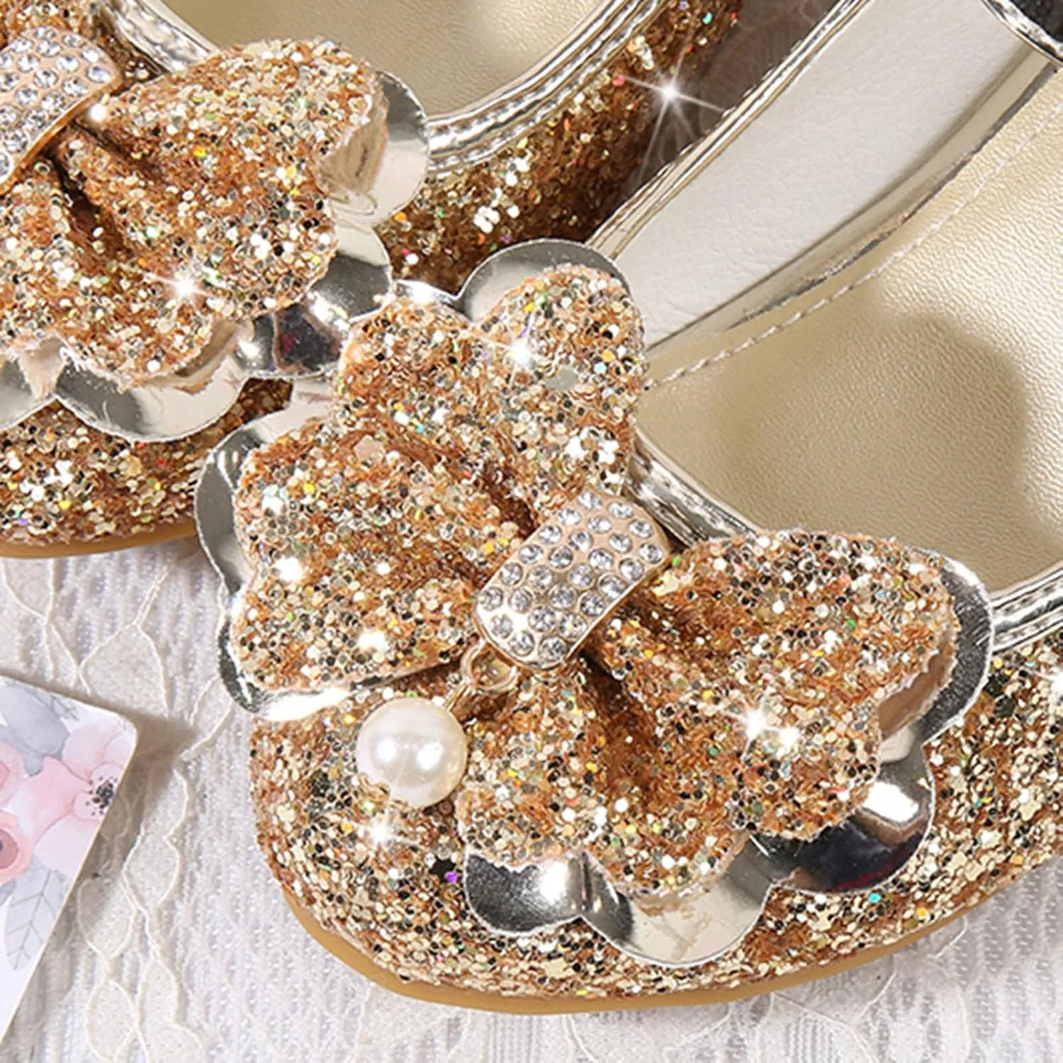 Girls Dress Shoes Glitter Shoes Flower Mary Jane Low Heels Party Wedding Prom Footwear For Toddler Princess Shoes