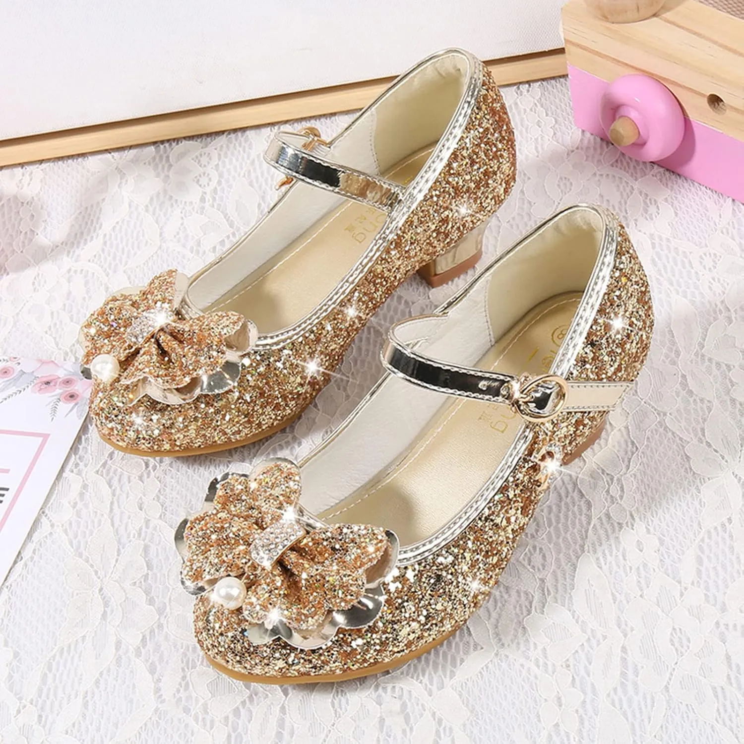 Girls Dress Shoes Glitter Shoes Flower Mary Jane Low Heels Party Wedding Prom Footwear For Toddler Princess Shoes