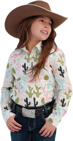 Girls Long Sleeve Cream Cactus Print Shirt Cream S