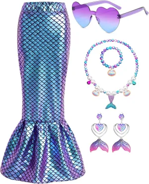 Girls Shiny Mermaid Skirts Dress Outfits Festival Long Skirt with Same Color Accessories 4-12 Years